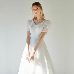 A-line Satin Wedding Dress V-Neck Sheer Back Short-Sleeve Plus Size For Women Princess Robe de Mariee