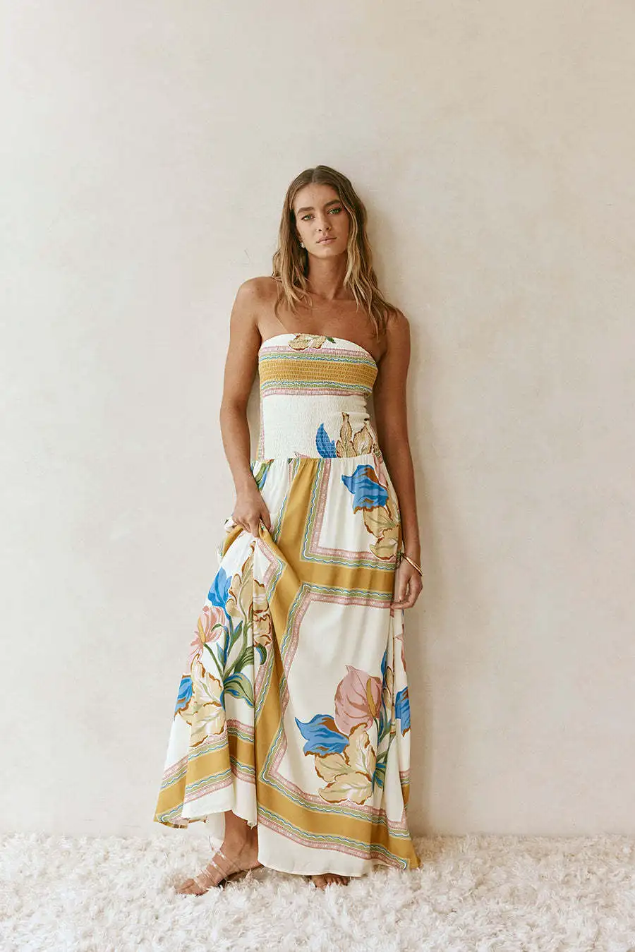 

Linen Off Shoulder Floral Maxi Dress Women's Strapless Bohemian Sundress Beach Cover Up Dress Casual Loose Fit Vacation Dress