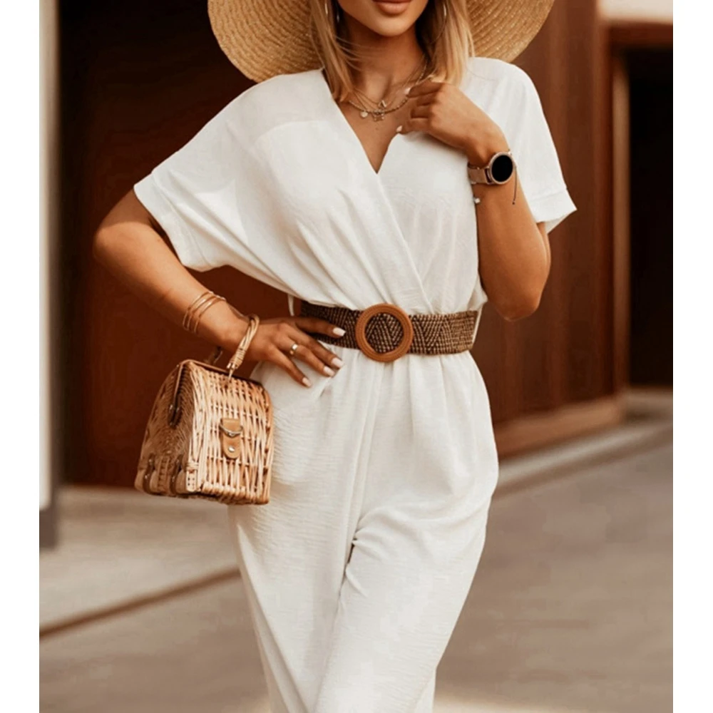 2023 Spring Summer Women\'s Belt Solid Color Short Sleeve Jumpsuits Set Femme Elegant V-neck Office Lady Work Streetwear Clothing