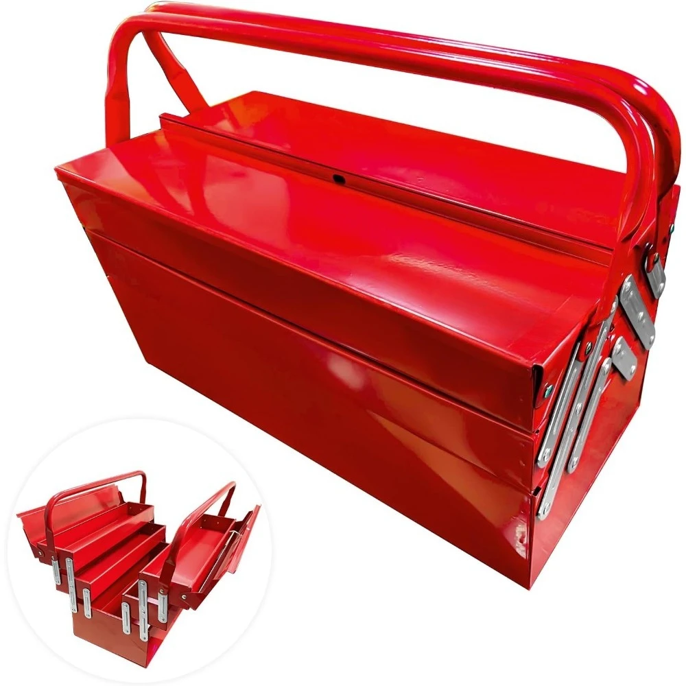 18-inch metal cantilever toolbox, three-layer five-compartment portable folding tool box organizer, suitable for home workshops