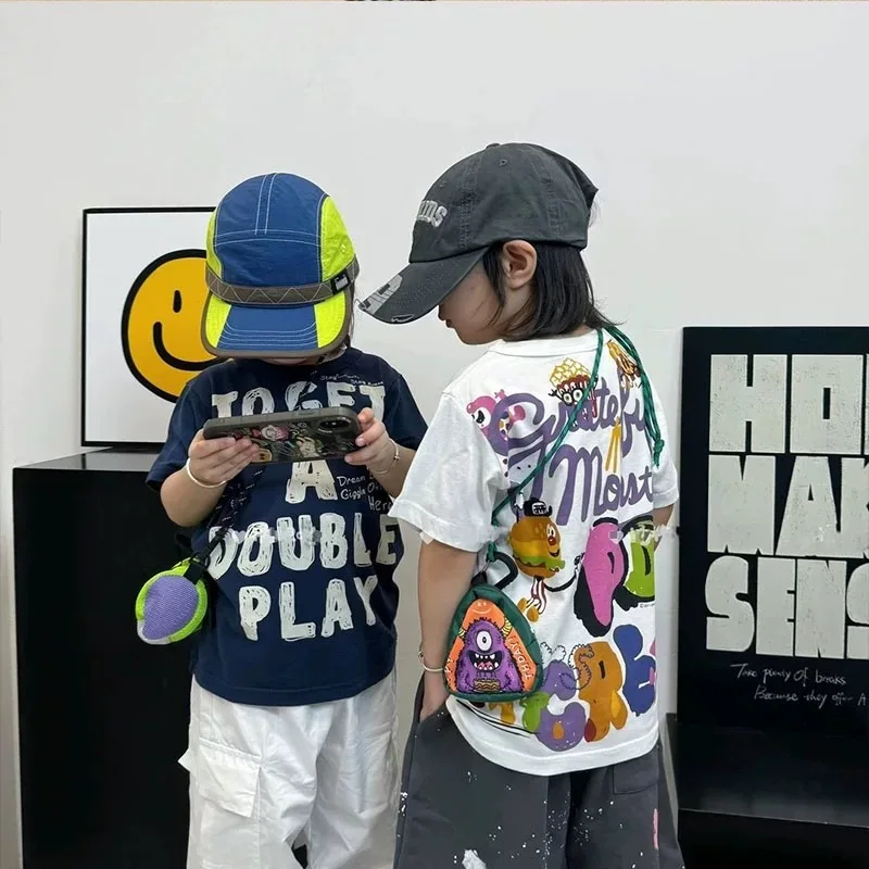 2025 Nowa Japońska Śliczna Kreskówkowa Koszulka z Krótkim Rękawem dla Dzieci z Nadrukiem Liter, Modna, Uniwersalna, Codzienna, Bawełniana