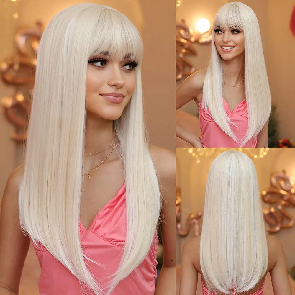 Natural Straight Blonde with Long Bangs For Women Daily Synthetic Hair Wig