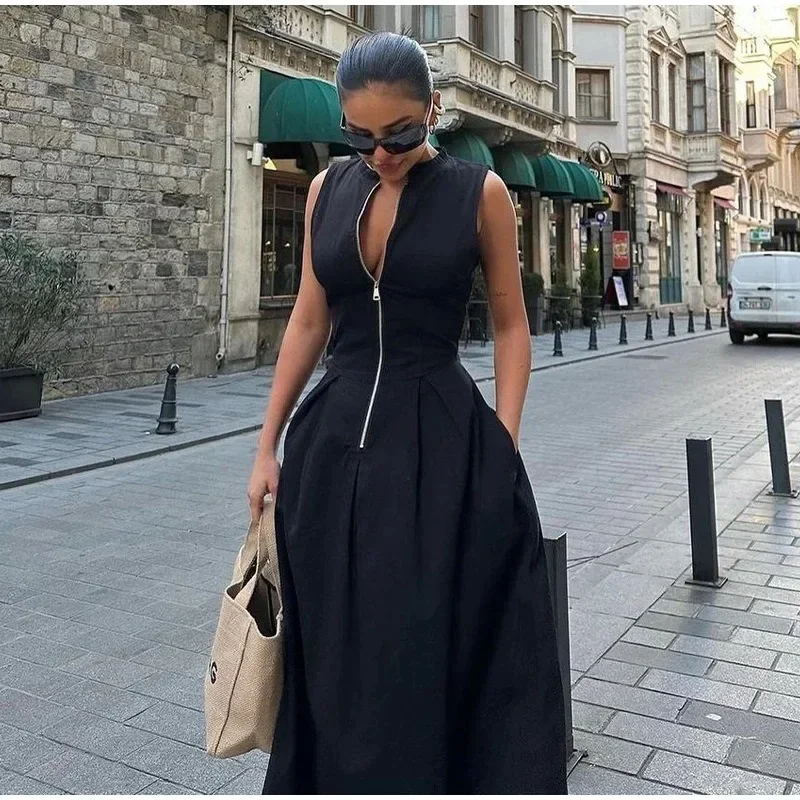 

European And American Solid Color Sleeveless Zipper Dress For Women'S 2025 Summer Fashion Slim Fit Commuting Long Skirt