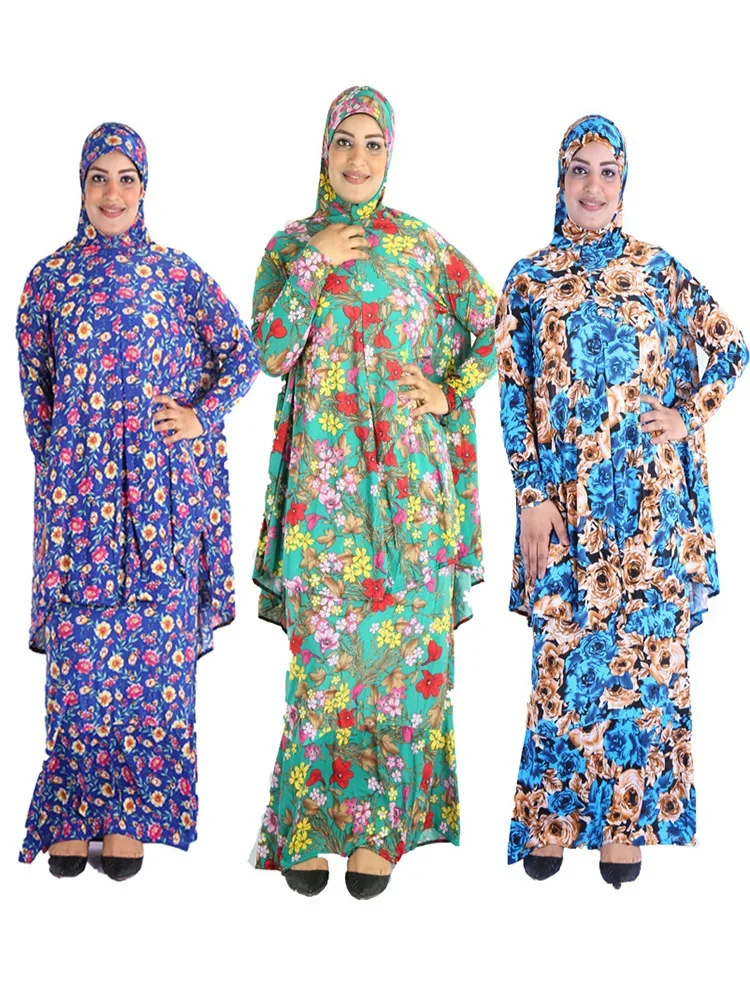 Eid Muslim 2 Piece Set Women Prayer Garment Turkey Ramadan Long Hijab Abaya Skirt Flower Robes Islamic Abaya Maxi Dress