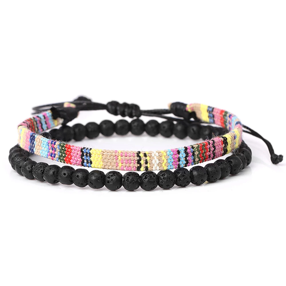 Vintage Braided Cord Bracelet Set for Men Minimalist 4mm Lava Rock Beads Bohemian Wristbands Urban Style Handmade Jewelry Gifts