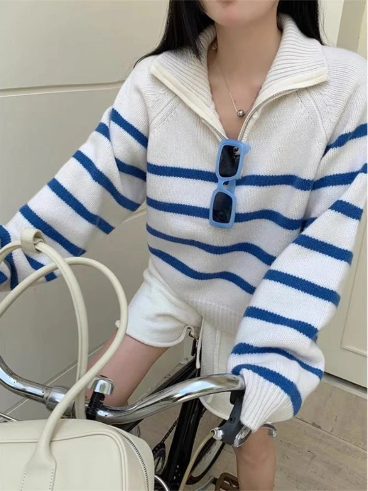 ADAgirl Blue Stripe Sweater Women Zipper Mock Neck Pullover Korean Fashion Vintage Basic Raglan Sleeve Winter Clothes Ins 2023