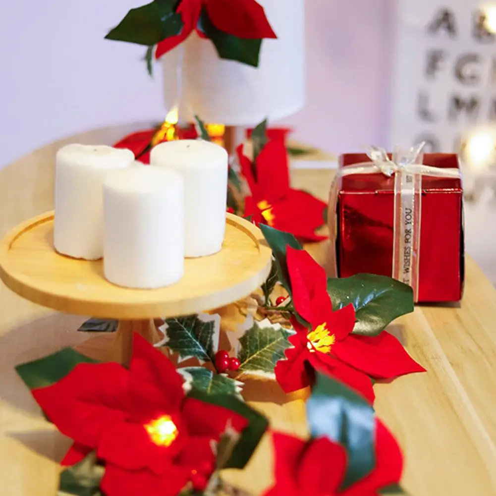 Christmas Poinsettia Garland With LED Lights Artificial Red Flower & Holly Berry For Stairs, Home, Christmas Tree Decoration