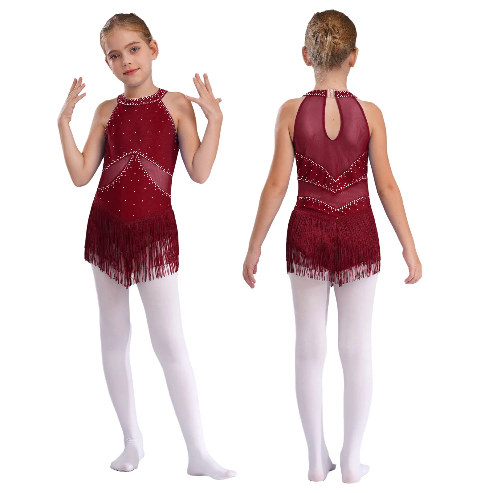 

Kids Girls Fringed Latin Jazz Dance Leotard Glittery Rhinestones Mesh Patchwork Tassel Bodysuit for Figure Skating Performance