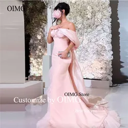 OIMG Elegant Baby Pink Mermaid Long Evening Dresses Soft Off the Shoulder Saudi Arabic Women Formal Party Prom Gowns Pageant