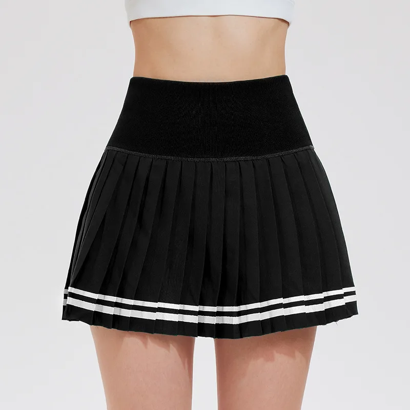 Women's Navy Blue Striped Pleated Tennis Skirt with Built-In Safety Shorts, High-Waisted Anti-Exposure Golf Skirt Shorts, Quick-Dry Sports Fitness Skirt with Pockets