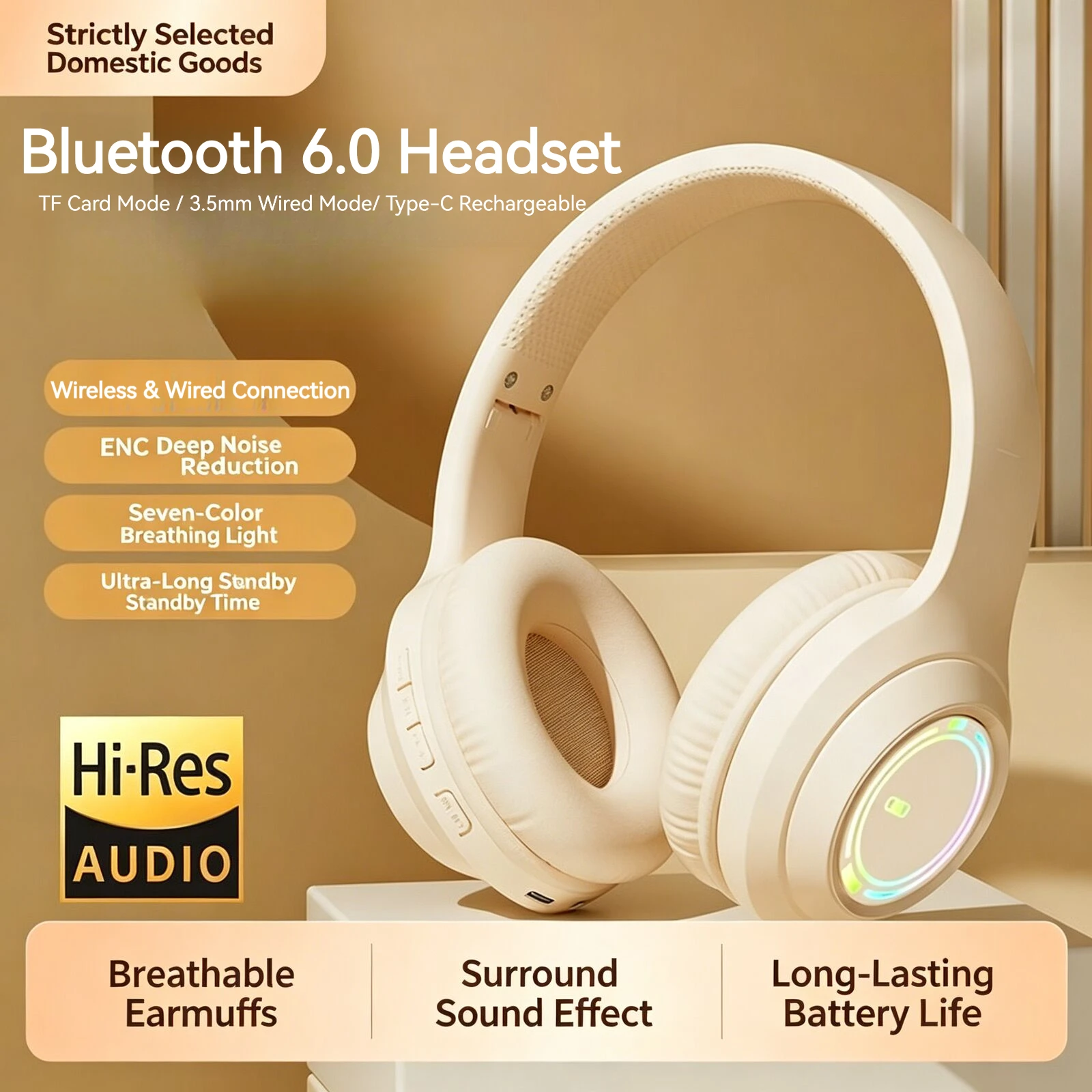 

Bluetooth 6.0 Head Worn Headphones True Wireless Hifi Stereo 400mah Long Battery Life Call Noise-Cancellation TF Card 3.5mm Mode
