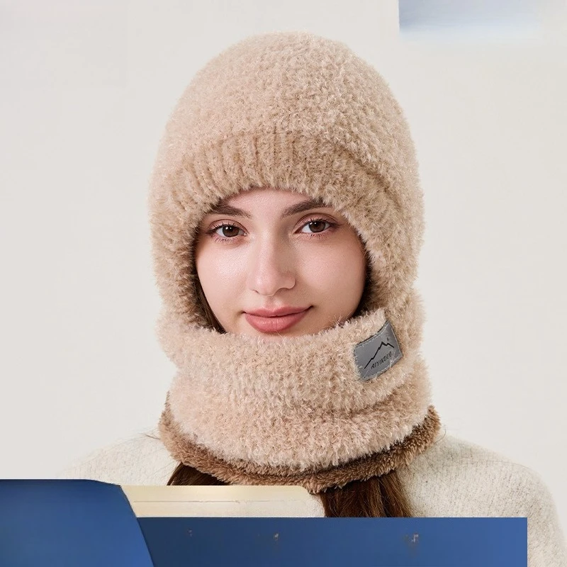 Popular Winter Plush Face Protection Versatile Warm Knitted Hat Scarf Integrated Plush Fashion Ear Protection Neck Cap Unisex
