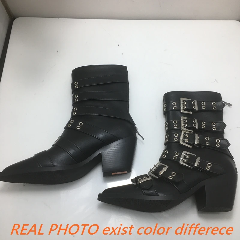

Girseaby Punk Mortorcycle Black Cool Women Ankle Boots Pointed Toe Chunky Heels 6.5cm Decor Big Size 43 44 45 46 US15 Bota