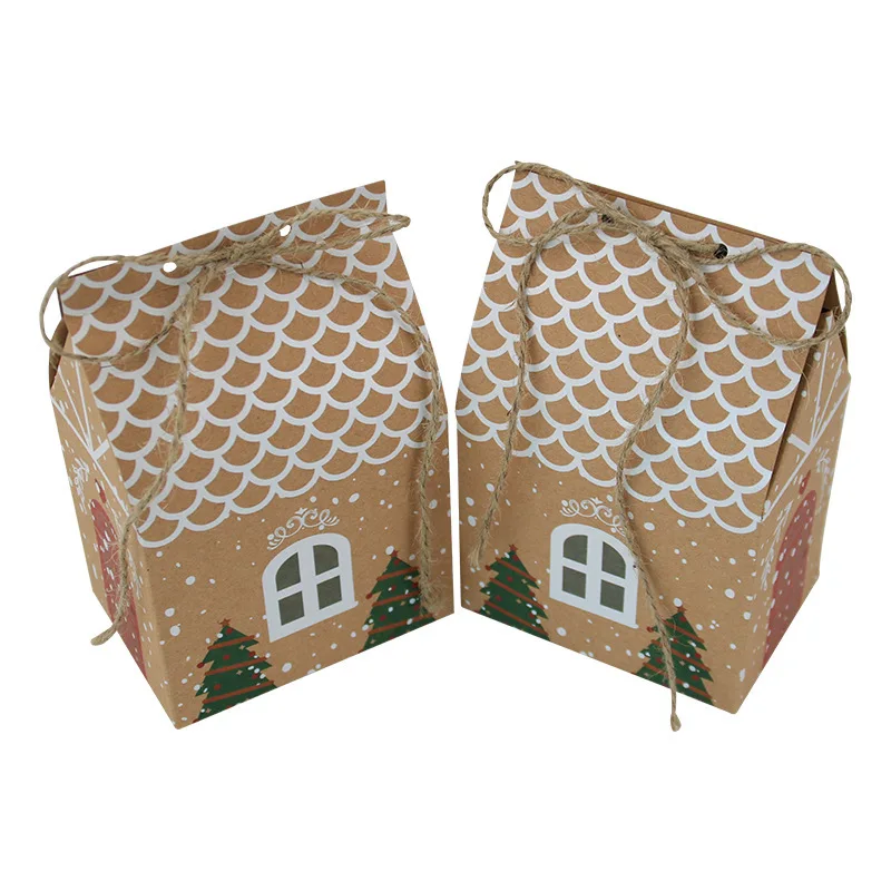 Kraft Paper Christmas Gift Box Christmas House Style Gift Candy Bag Kraft Paper Candy Bag Cookies Box New Year Party Supplies