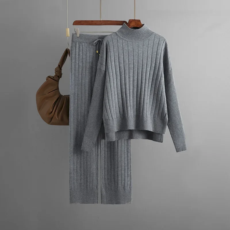 Donna mezzo dolcevita manica lunga maglione Pullover Conjuntos autunno inverno maglia spessa 2 pezzi set pantaloni della tuta a vita alta abiti