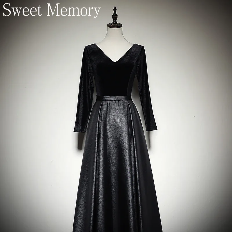 

A8150 Велюровое атласное вечернее платье с длинными рукавами Sweet Memory Винтажное вечернее длинное платье Черное вечернее платье с v-образным вырезом длиной до пола