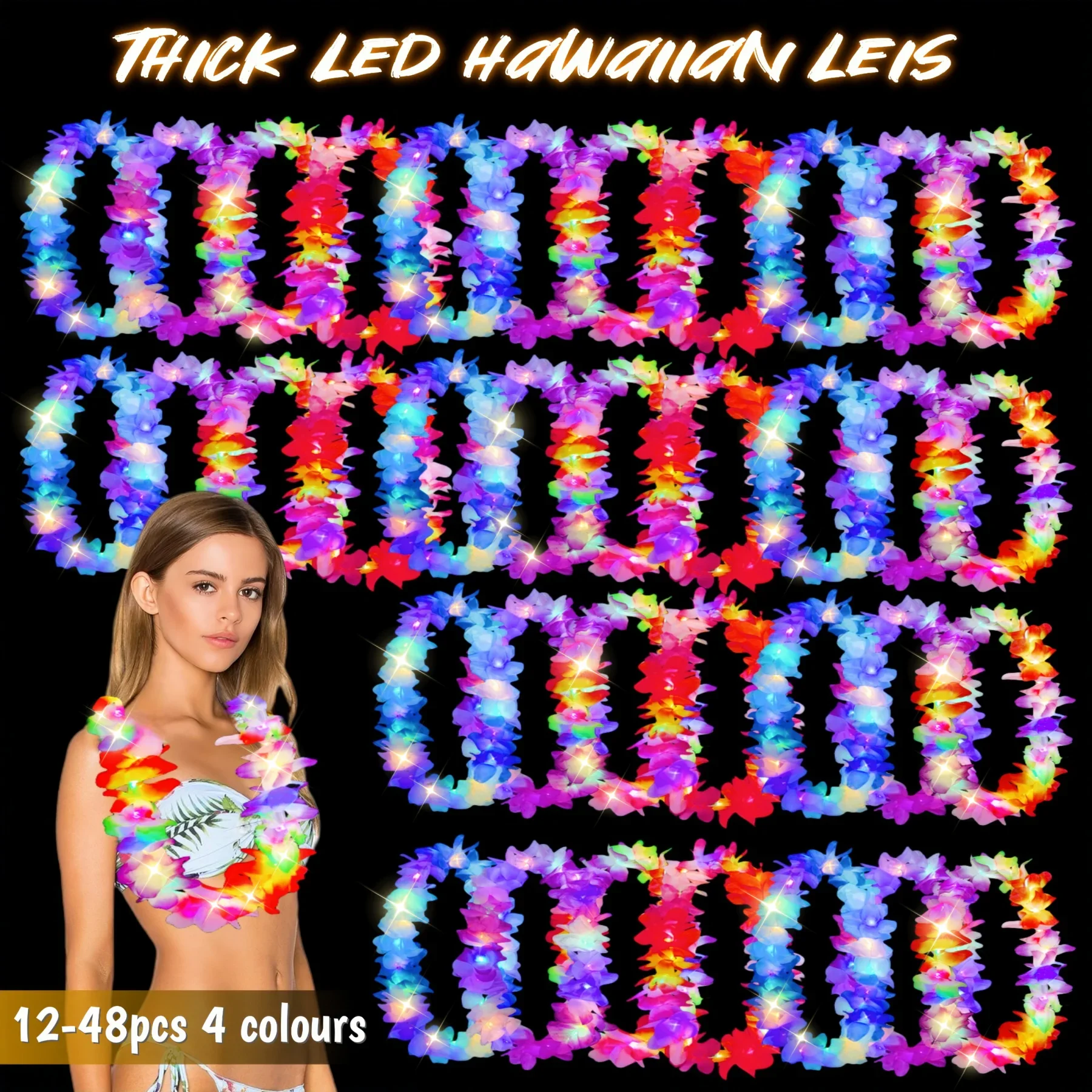 12-48PCS Upgrade LED Hawaiian Leis Luau Light Up Lei Floral Glow Necklace Leis For Beach Themed Party Supplies Wedding Favors