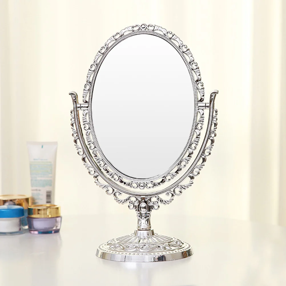 Doppelseitiger Tisch-Kosmetikspiegel im europäischen Stil, großer, silberfarbener, geschnitzter Rotations-Make-up-Spiegel für Damen