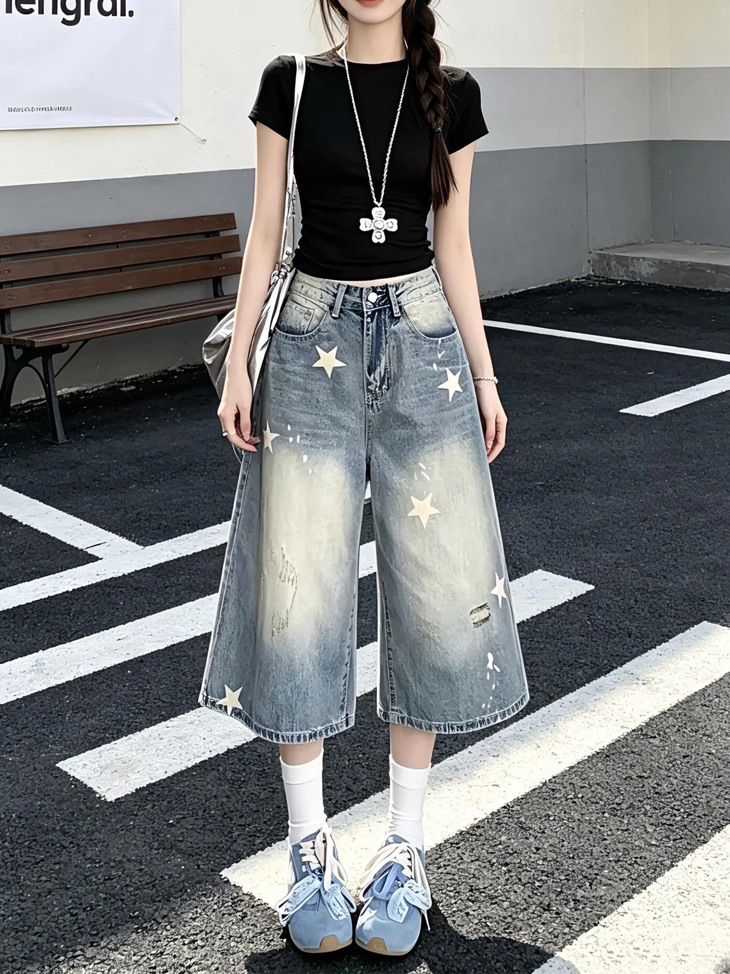 

Summer 2026 High Waist Wide Leg Jeans Star Print Hole Punching Slimming Thin Seven Inch Denim Pants Women's Fashion American ...