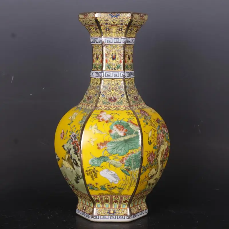 Large size 32cmQing Qianlong painted gold, enamel, colorful flowers and birds, hexagonal vase, antique porcelain, home furnishin