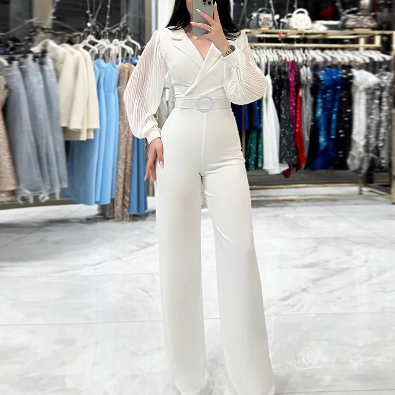 New Women Lapel High Waist Jumpsuits Casual Patchwork Long Sleeved Straight Playsuit 2024 Autumn Office Lady Solid Color Romper