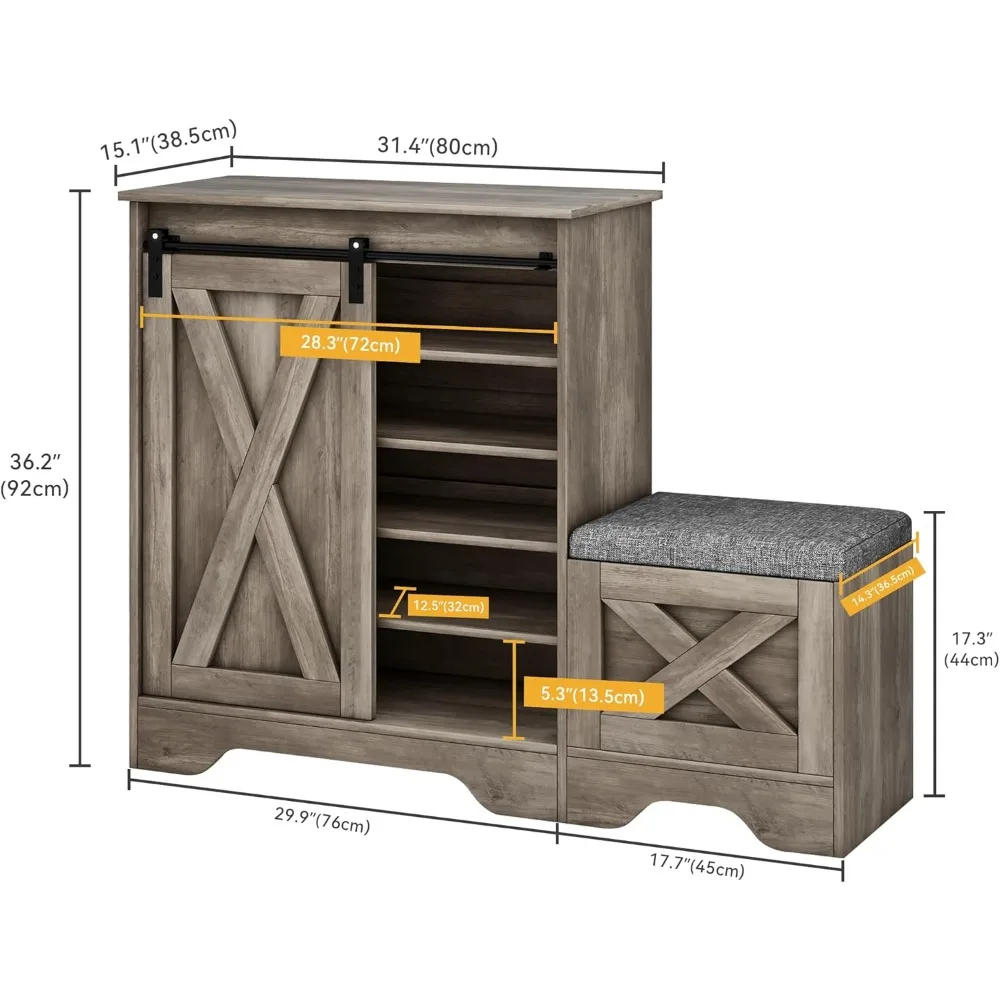 Farmhouse Shoe Cabinet with Bench, 5-Tier Shoe Cabinet with Adjustable Shelves, Narrow Slim Shoe Cabinet with Sliding Doors