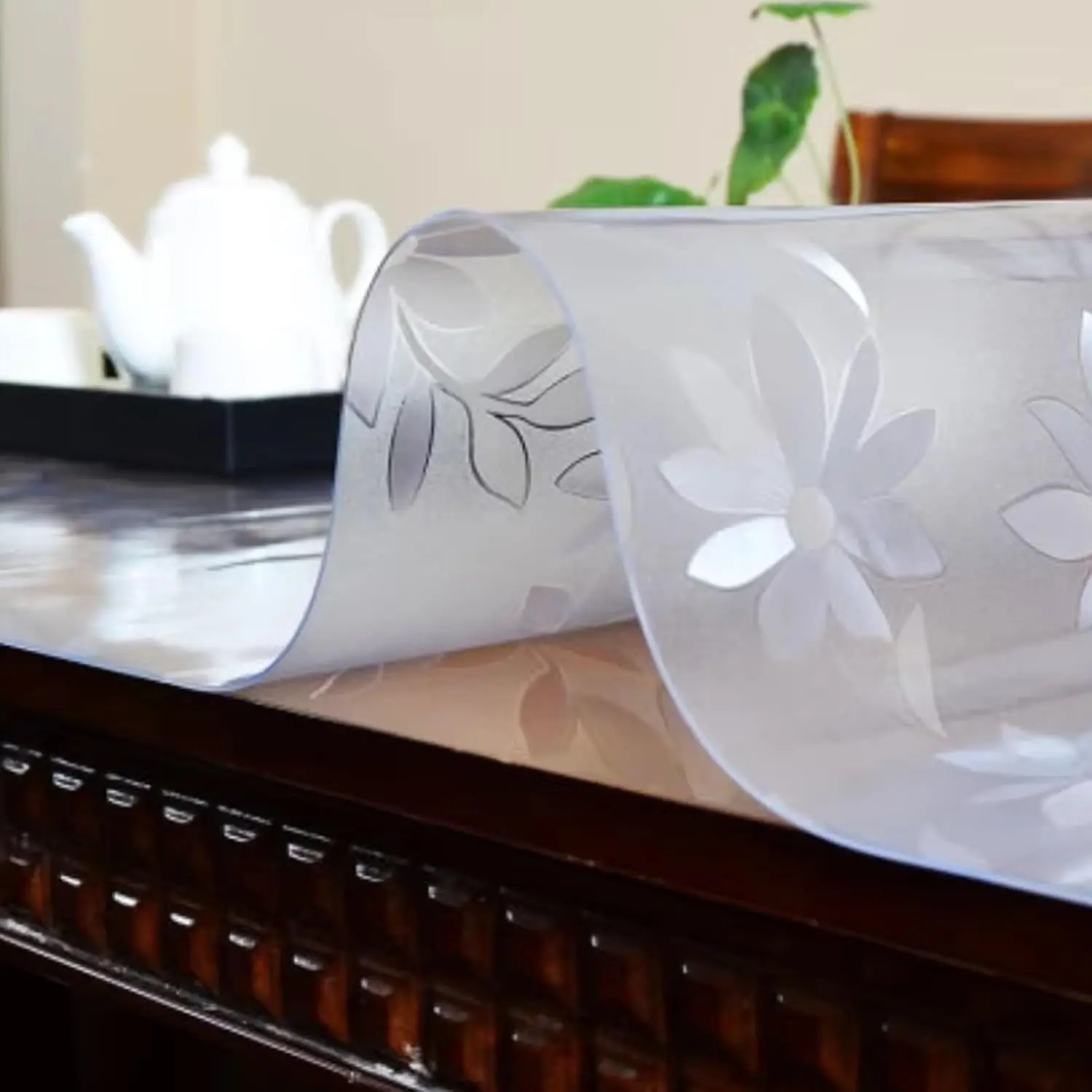 Printed Semi Transparent Soft Glass PVC Tablecloth Waterproof and Oil Resistant Rectangular Protective Cover for Dining Table