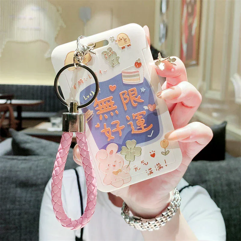 Cartoon Stitching Card Holder Hanging Rope Keychain Subway Card With ID Card Holder Girl Key Accessories
