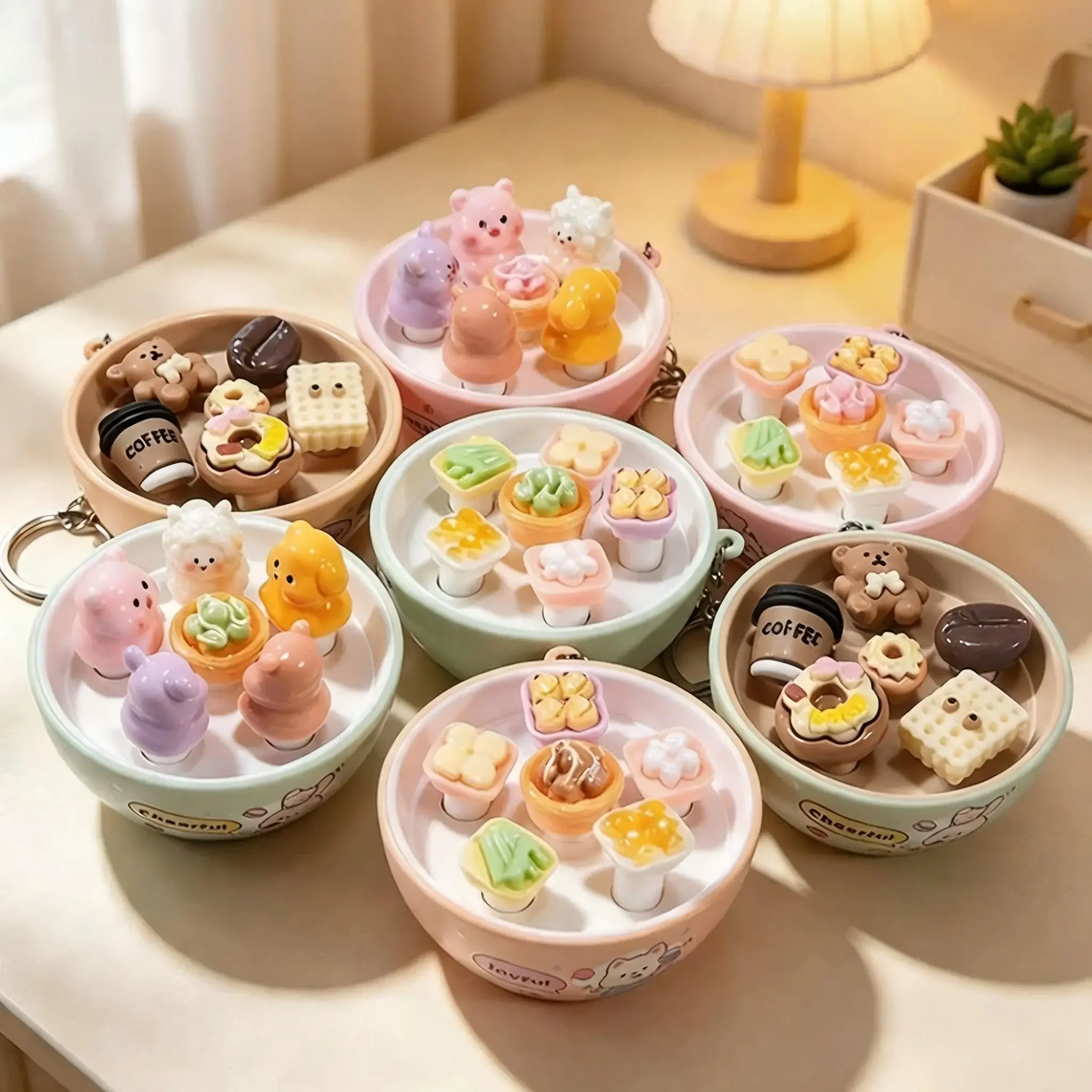Cute Whack-a-Mole Press Fidget Toy Keychain Mini Simulation Dessert Bowl Stress Relief Bag Charm Backpack Pendant Birthday Gift
