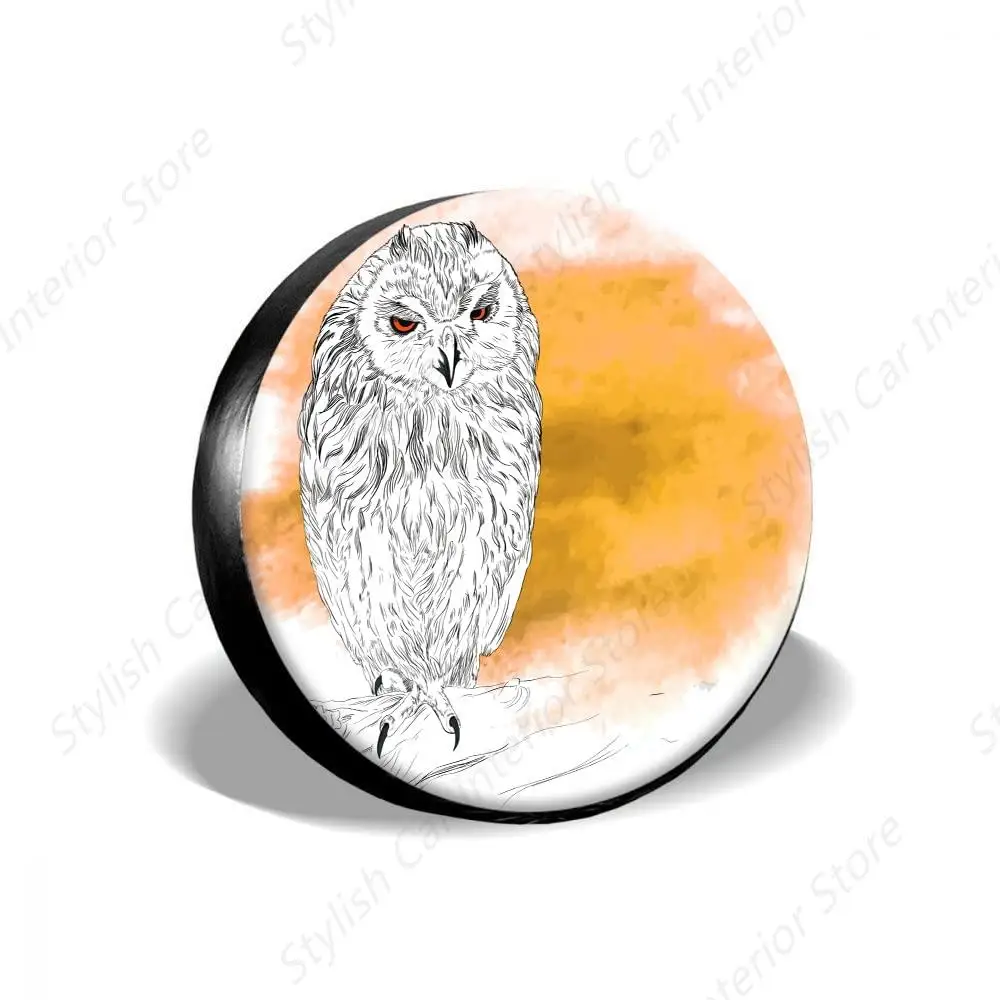 White Owl Spare Tire Cover 14 Inch,Cute owl Sitting on Branch Orange Weatherproof Tire Wheel Protectors Tire Case