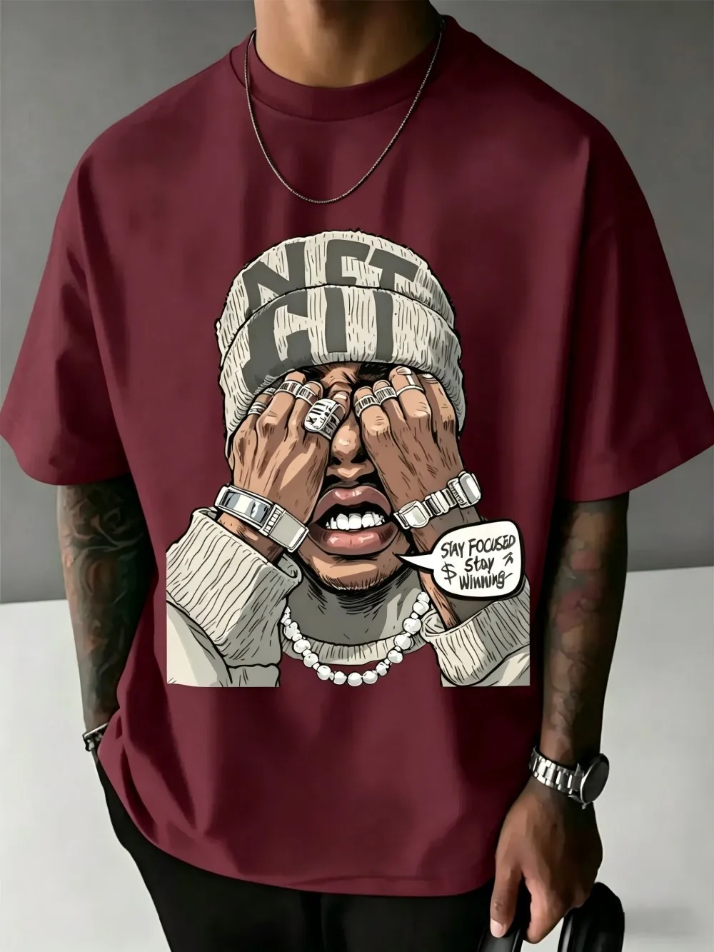 European and American Men's Summer Rap Character Letter Print Comfortable and Breathable Round Neck T-Shirt Outdoor Street Top