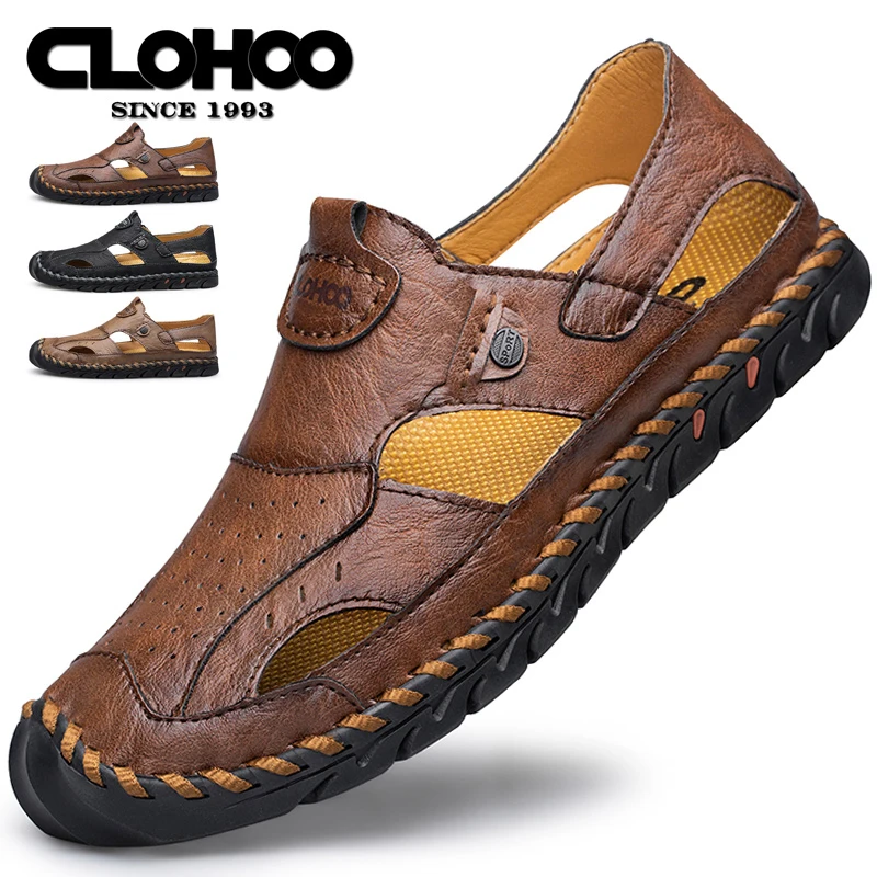 CLOHOO sandals men's leather breathable leather shoes hollow hole shoes soft bottom soft surface casual sandals