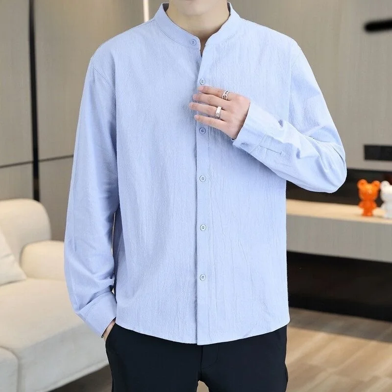 

Мужская однотонная повседневная рубашка с длинным рукавом, свободного кроя, с воротником-стойкой, из дышащей хлопково-льняной смеси, весна-осень, новый стиль