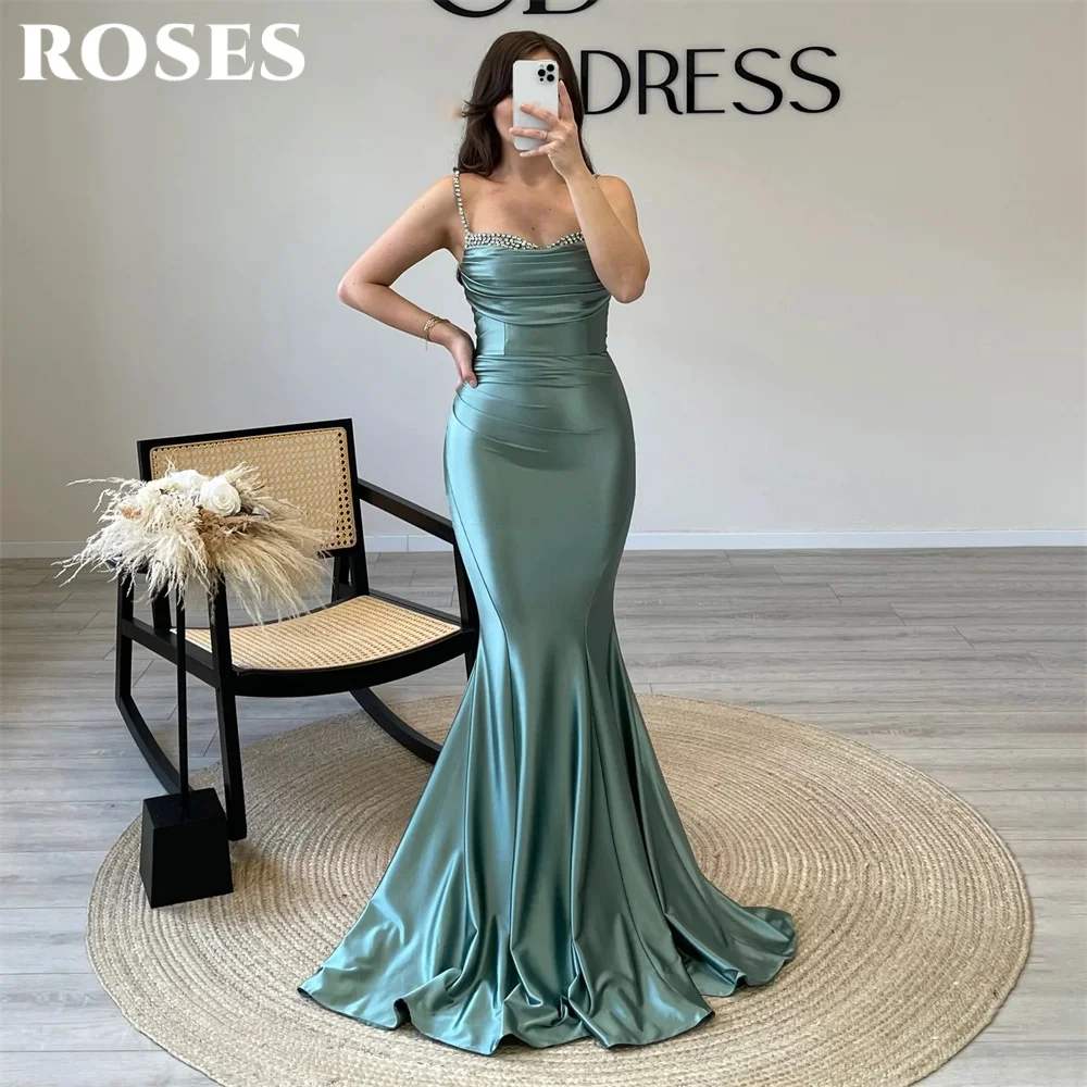 

ROSES Sexy Sweetheart Prom Dress Spaghetti Straps Backless Prom Gown Satin Pleated Mermaid Evening Dresses for Woman Customized