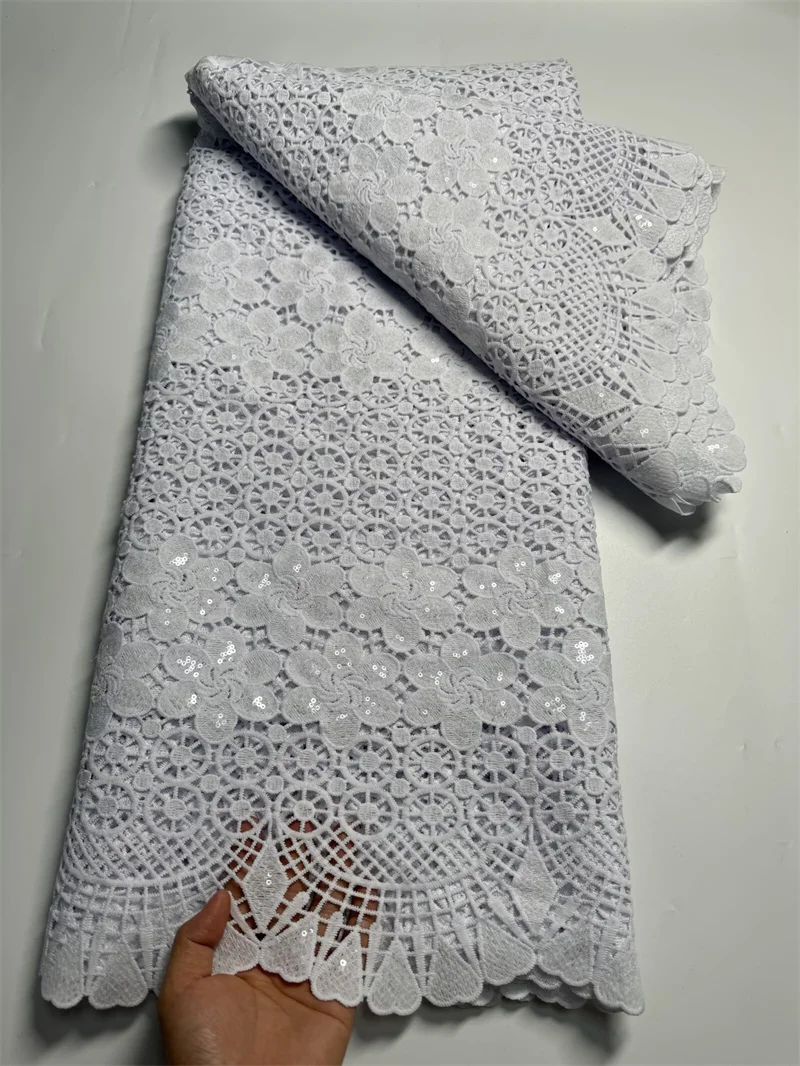 

5 Yards White African Guipure Lace Fabric With Sequins Latest Nigerian Embroidery Cord Cloth Mesh Water Soluble Materials ZW32