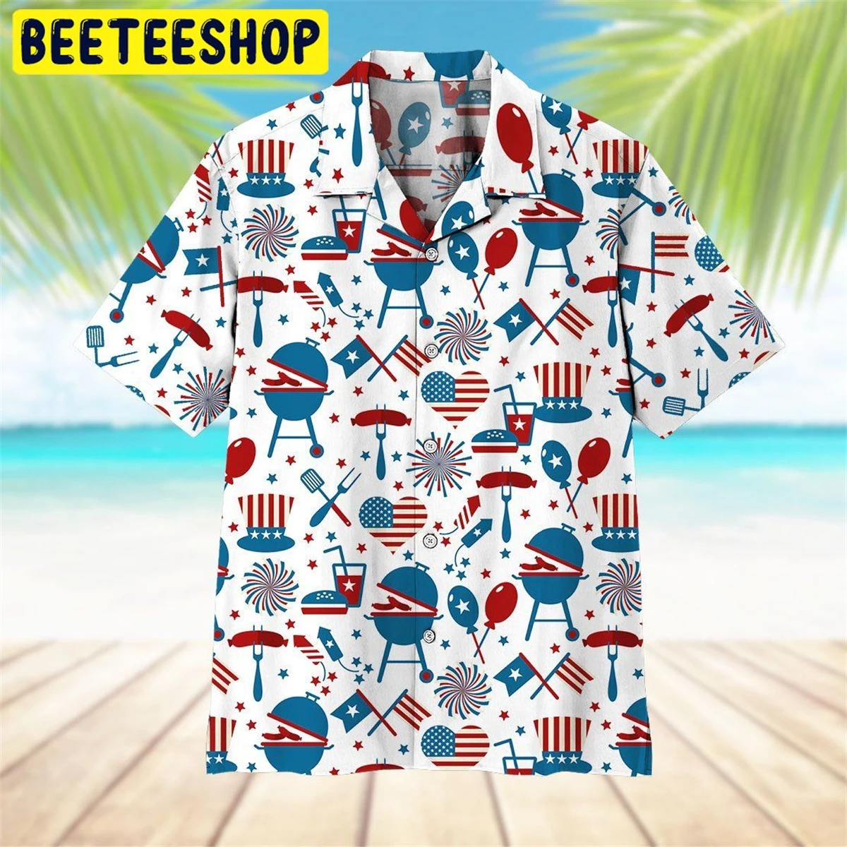 

Summer Fashion New Hawaiian Casual Men's Shirt American Flag Pattern Print Large Size Lapel Men's Short Sleeve Top