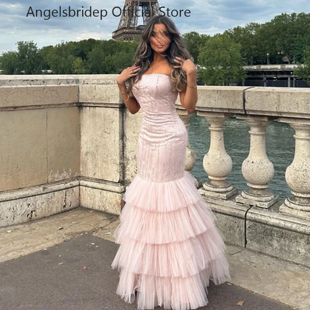 

Angelsbridep Mermaid Tiered Tulle Evening Dresses Long Arabia Vestidos De Fiesta Elegantes Para Mujer 2023 Dubai Party Dresses