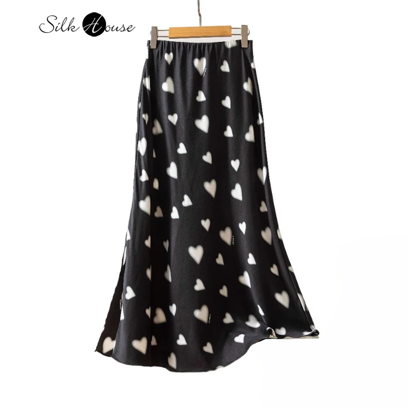 White Heart Print 93% Natural Mulberry Silk Heavyweight SangBo Satin Women's Commuting High Waisted A-line Fishtail Skirt