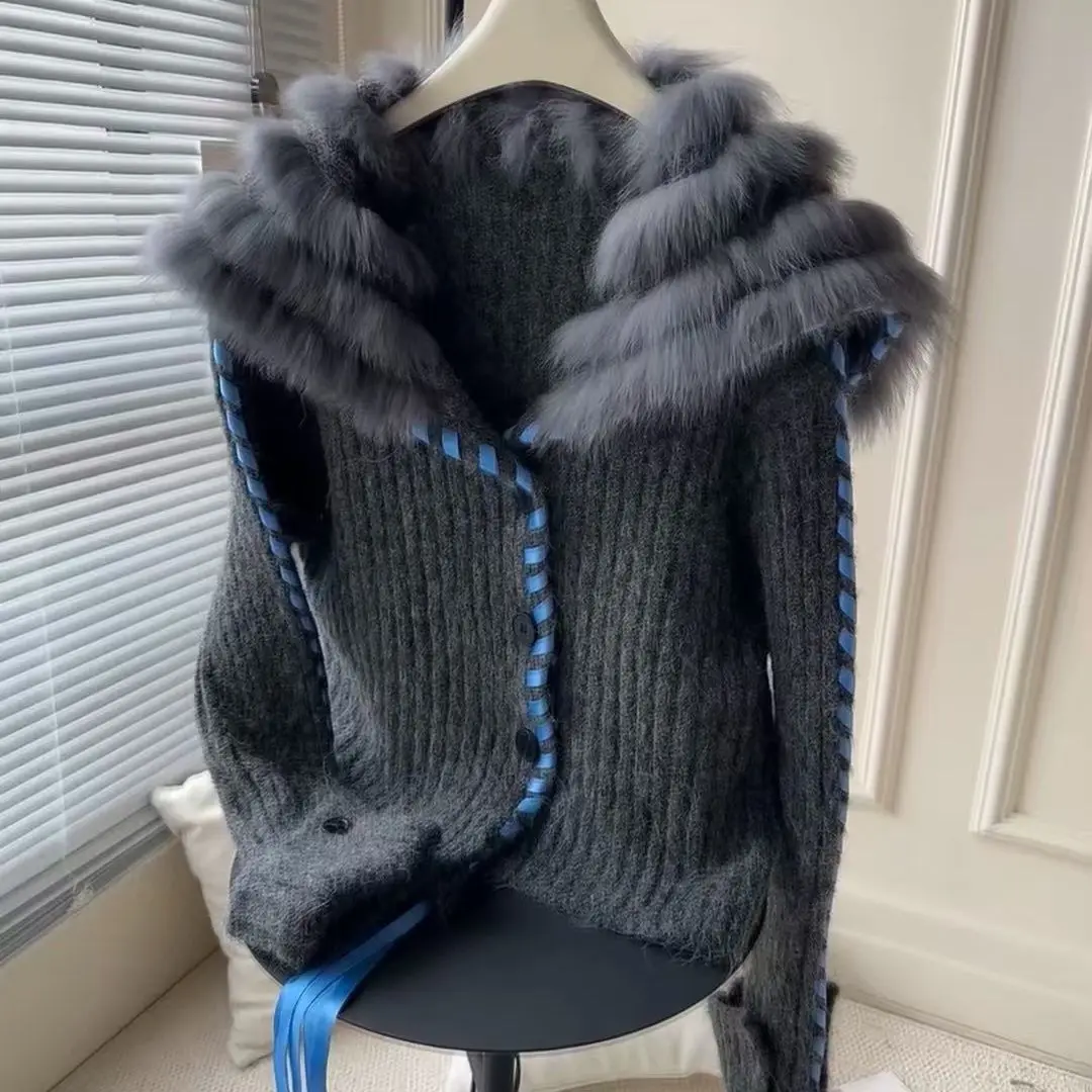 New Autumn Fashion Design Knitted Cardigan Women Vintage Lapel Mink Fur Patchwork Casual Slim Lace-up Sweater Top Knitwear