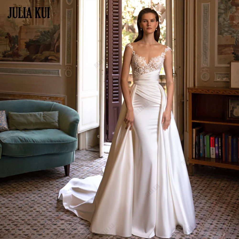 

Julia Kui Custom Made Ruched Pleats Mermaid Wedding Dresses With Removable Train 2 In 1 Beading Appliques Lace Bridal Gowns
