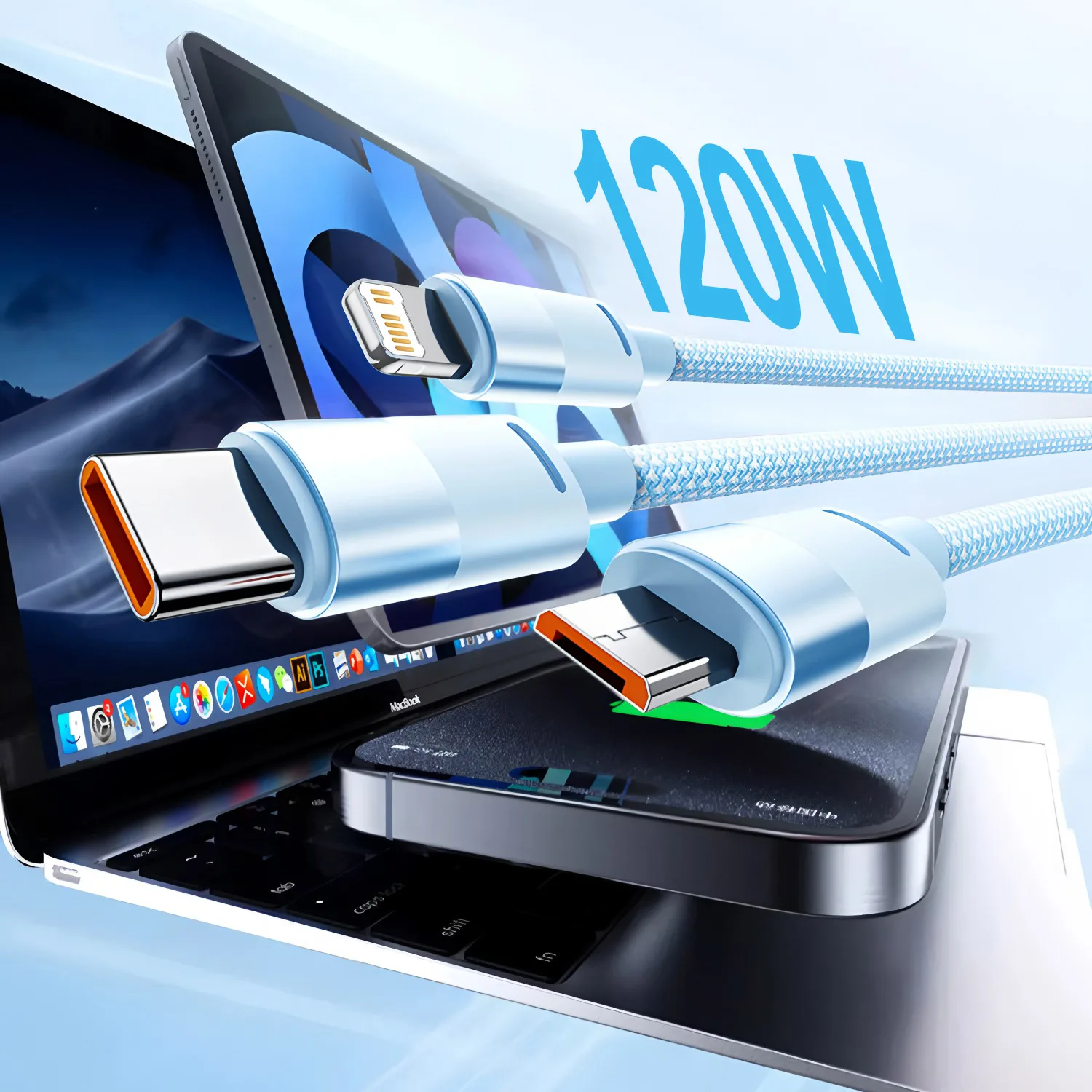 3In1 120 واط مايكرو USB كابل شحن سريع شحن سريع الهاتف خط البيانات نوع C الحبل آيفون سامسونج شاومي ممن لهم سلك كابل