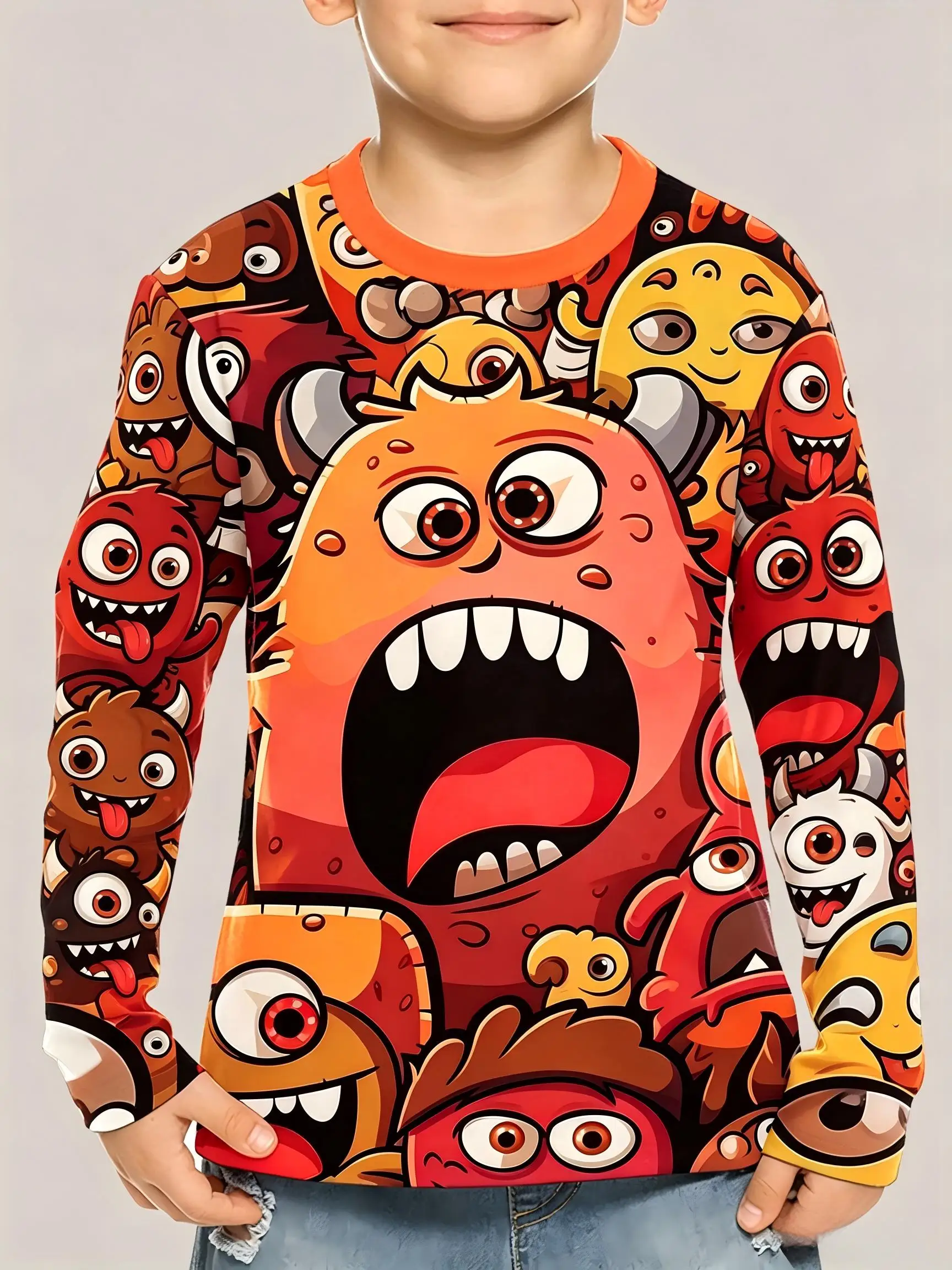 Long-sleeved, Crew-neck T-shirt Featuring A Cool, Stylish Cartoon Print