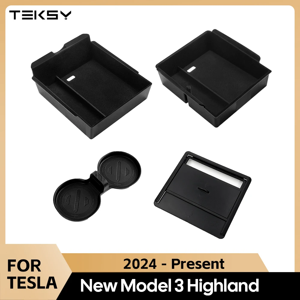 For 2024 Tesla New Model 3 Highland Hidden Storage Box Car Center Console Armrest Front and Rear Flocking Layered Grid Organized