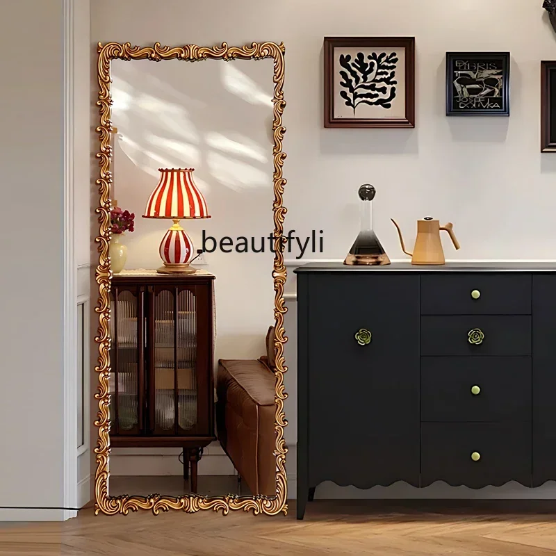 

cqyFrench retro floor mirror wall-mounted full-length mirror carved texture living room full-body mirror