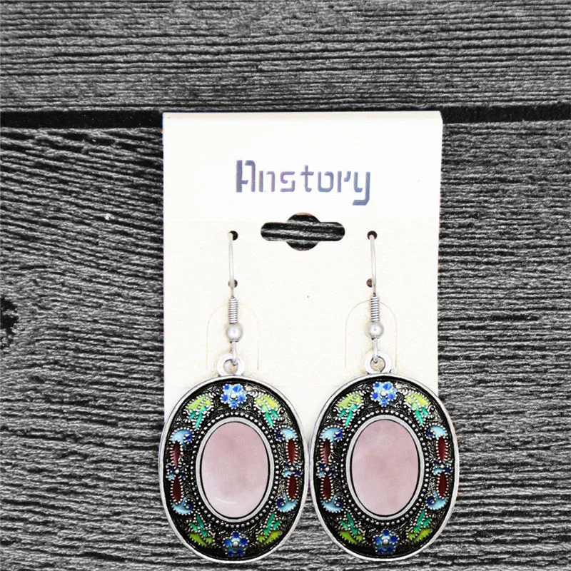Vintage Oval Quartz Lapis Earrings For Women Bohemia Painting Craft Flower Plant Natural Stone Stainless Steel Hook Earring