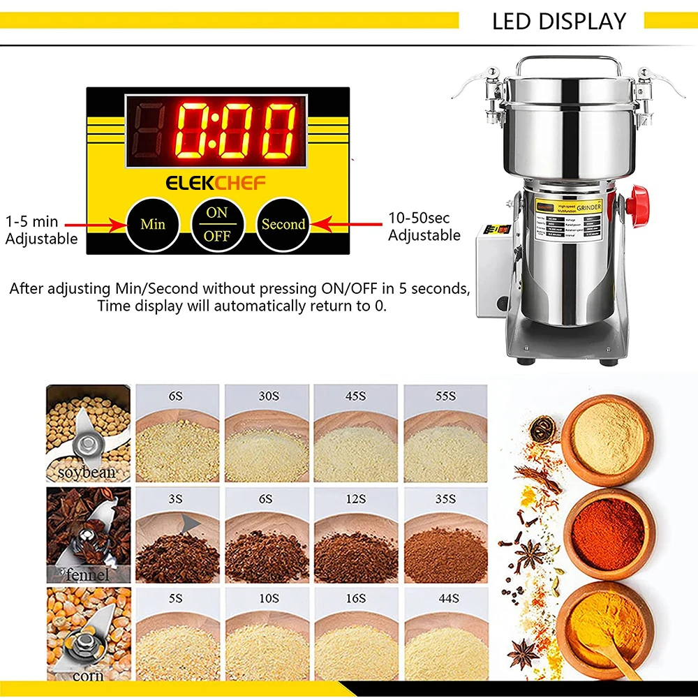 ELEKCHEF Digital Dry Grain Grinder Mill 800g Electric High-speed Spice Grinder 2400W Commercial Motor Powder Machine