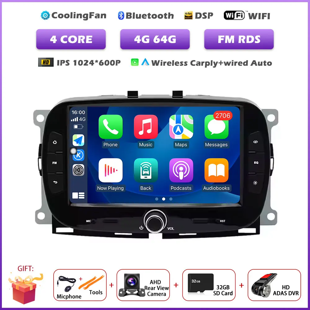 Carplay Android 16 Auto autoradio voor Fiat 500 2016-2019 multimediaspeler met BT stereo, GPS navigatie en FM