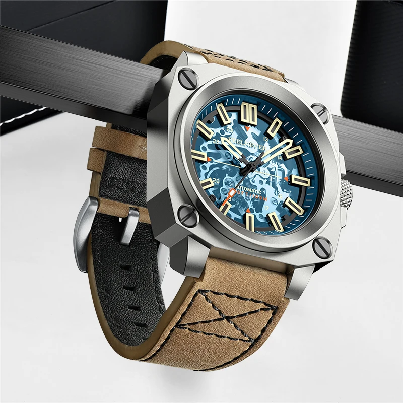 FeelNever, relojes con movimiento automático con diseño de esqueleto creativo para hombres, reloj de pulsera mecánico resistente al agua de Cuero militar de negocios