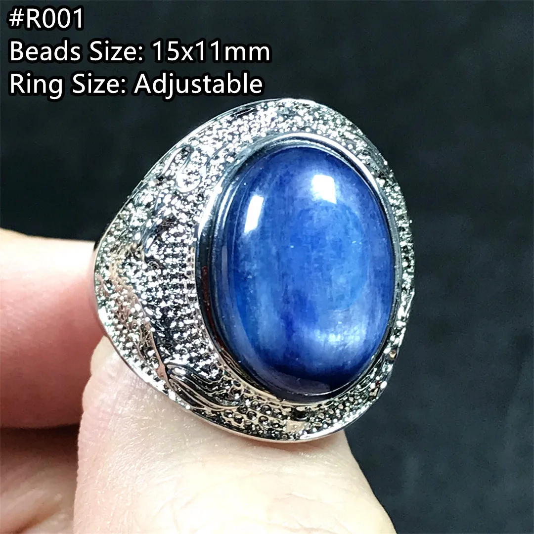 

Genuine Natural Blue Kyanite Crystal Ring Jewelry For Men 15x11mm Oval Beads Luck Cat Eye Stone Silver Adjustable Ring AAAAA