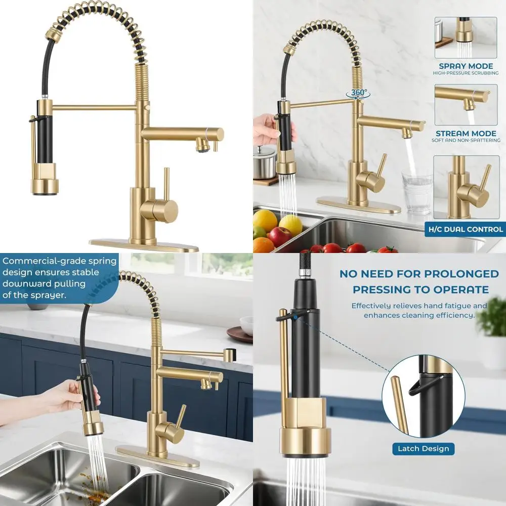 

Stainless Steel Pull-Down Spray Single-Handle Double-Head Commercial Sink Faucet with Deck Plate, Brush Gold Finish